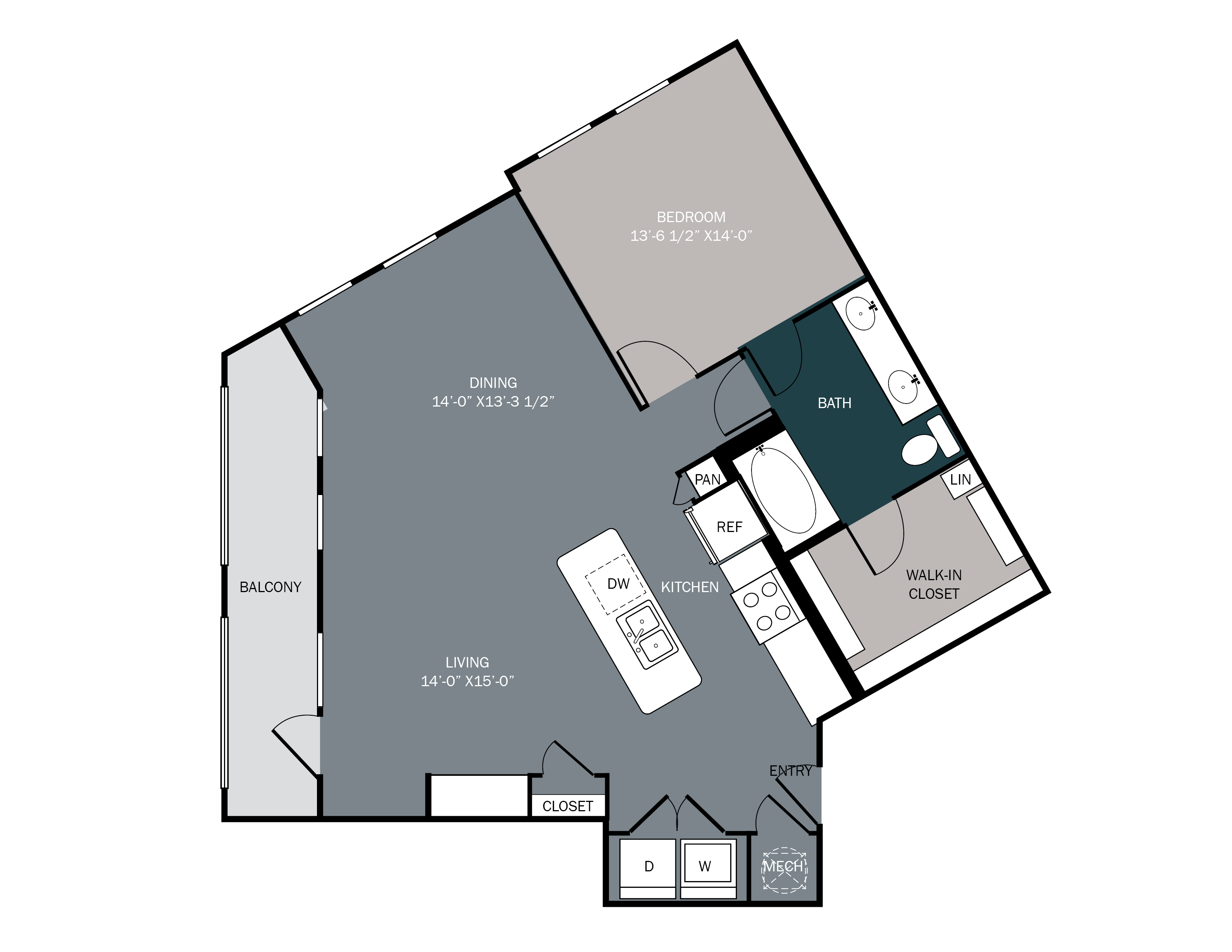 One bedroom apartment with large kitchen island